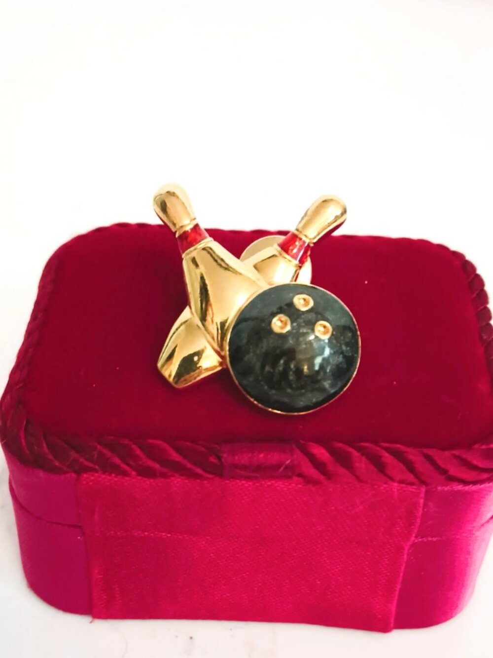 Vintage Avon Bowling Ball & Pins Brooch Gold Tone & Black, Red Pin